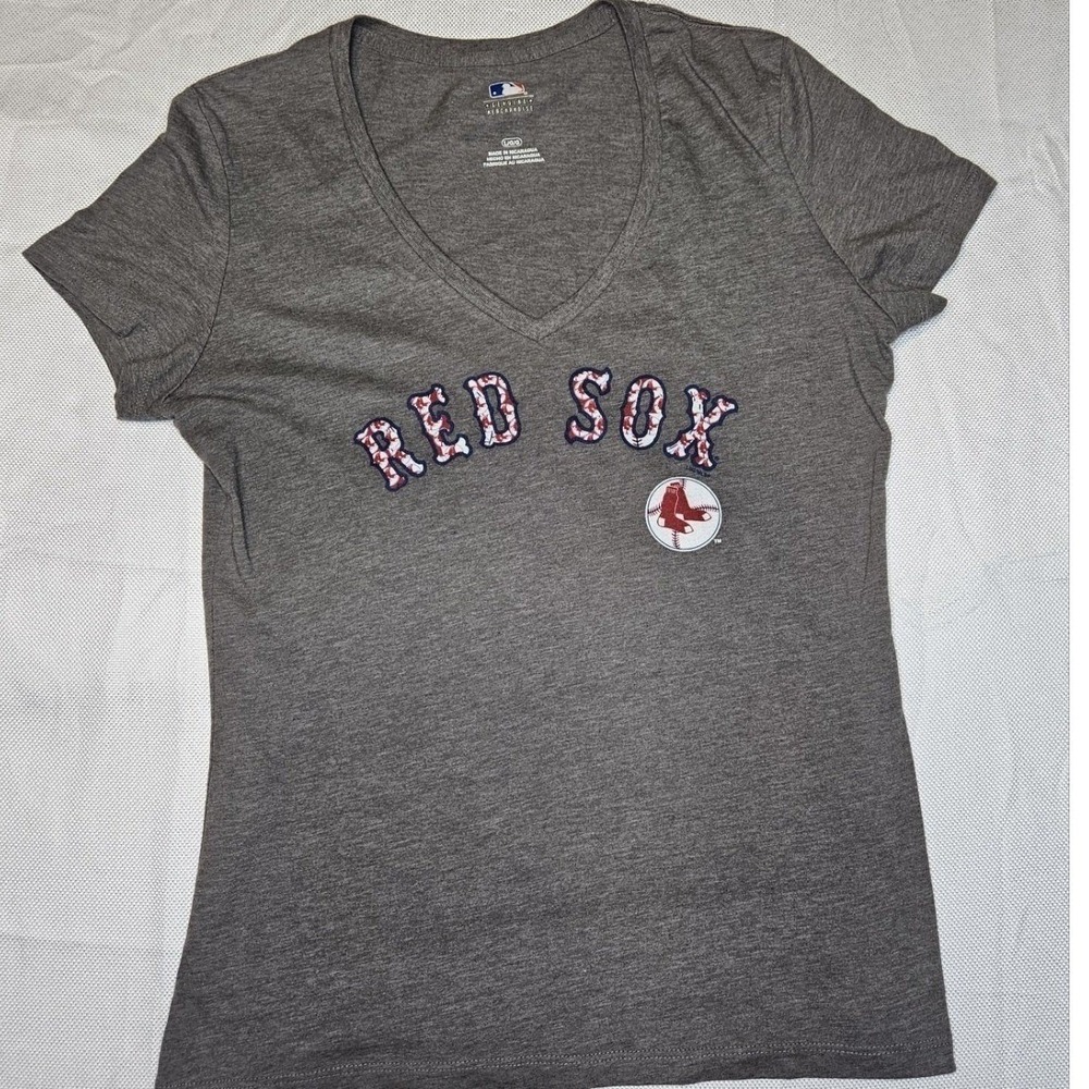 MLB‎ Boston Red Sox Womens V-Neck T-Shirt Heather Gray Short Sleeve Large 2285